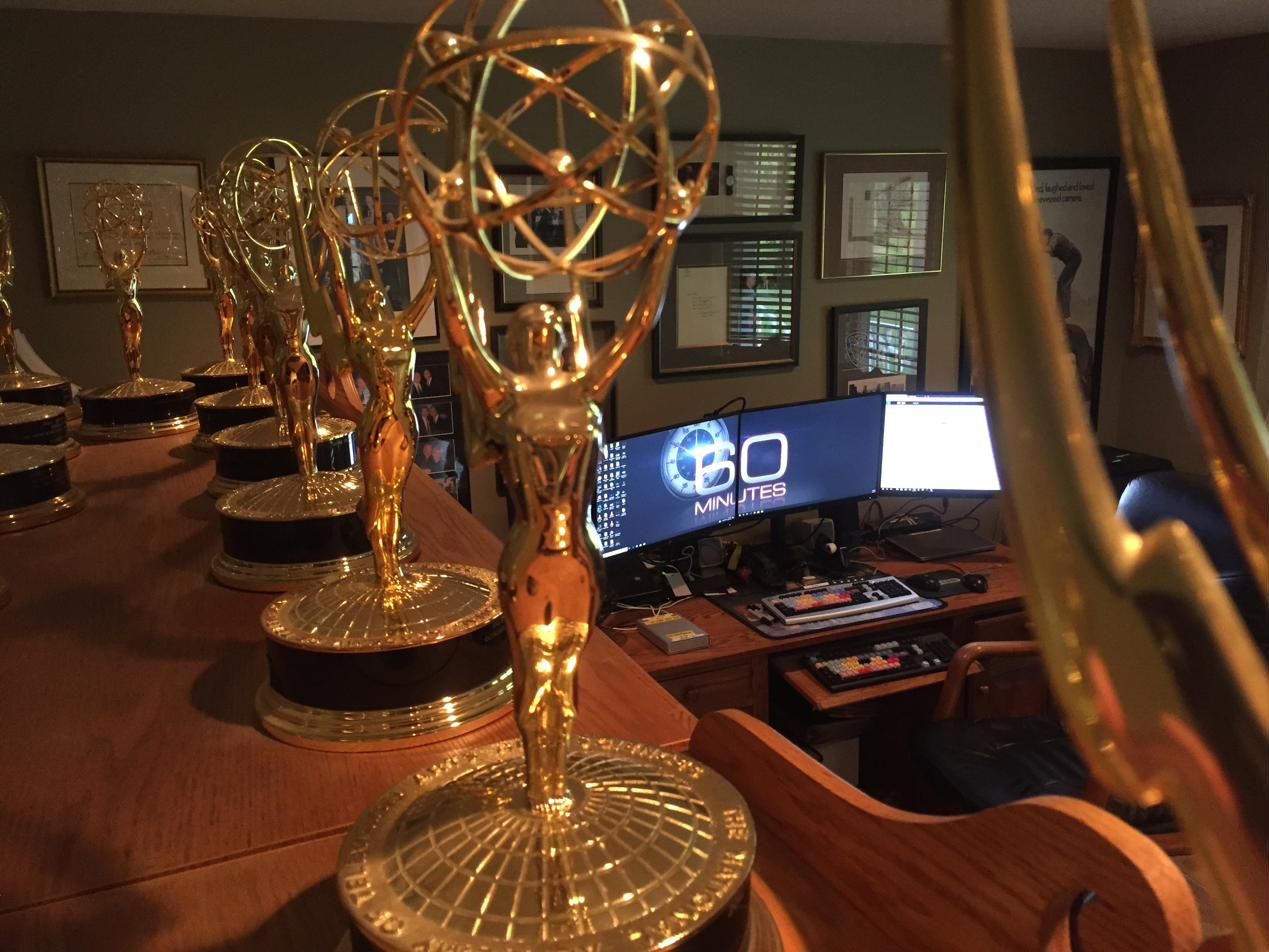 Warren Lustig's Emmy Awards beside the 60 Minutes edit bay